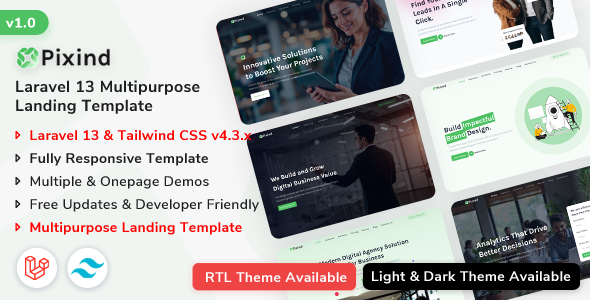Product preview supplied for Pixind - Laravel 13 Responsive Landing Template