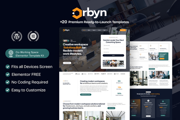 Orbyn - Co-Working Space WordPress Elementor Template Kit