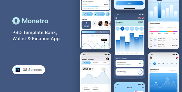 Monetro - PSD Template Bank, Wallet & Finance App