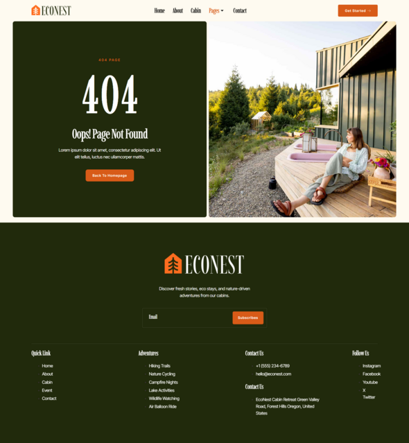 Econest - Eco-Friendly Cabin Rental Adventure Elementor Template Kit