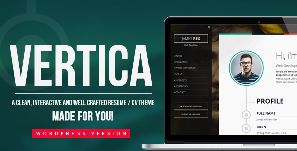 Product preview supplied for Vertica - Resume / CV & Portfolio WordPress Theme