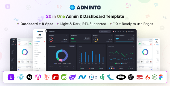 Adminto - Bootstrap React NextJs Angular Laravel Blazor RoR PHP Admin Dashboard HTML Template product preview
