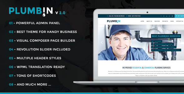 Product preview supplied for Plumbin - Plumbing and Construction WordPress Theme