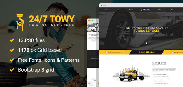 Preview image for Towy - Emergency Auto Towing and Roadside Assistance Service PSD Template