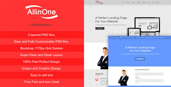 All In One - Multi Purpose One Page / Landing Page Website PSD Template listing image