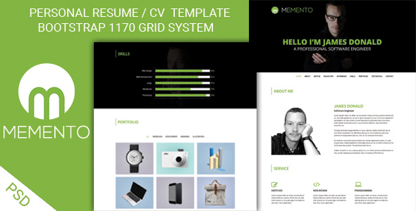 MEMENTO - One page Personal Portfolio PSD Template