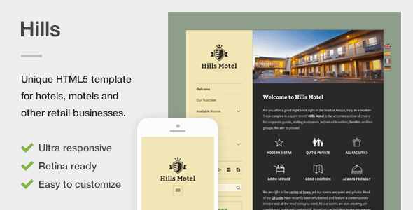 Hills - A Unique Responsive Hotel / Motel HTML5 Template product preview