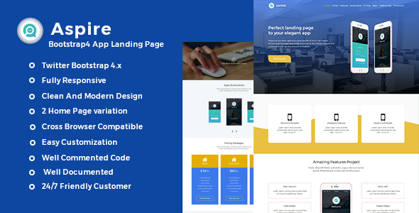 Preview image for Aspire -Bootstrap4 App Landing Template