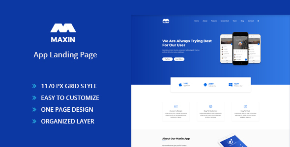 Maxin - App Landing Page PSD Template