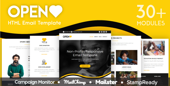 Open Heart - Responsive Email for Non Profit 30+ Modules - StampReady Builder + Mailster & Mailchimp listing image