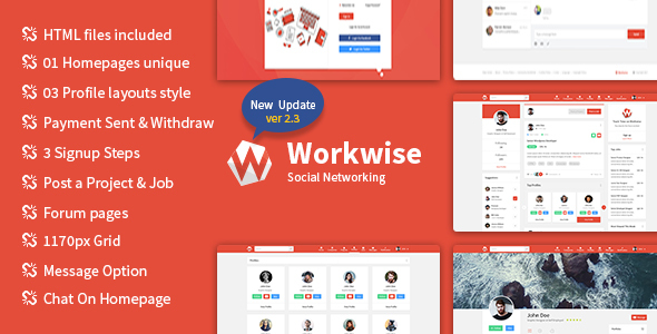 Product preview supplied for Workwise - The Freelancer And Social Networking HTML Template