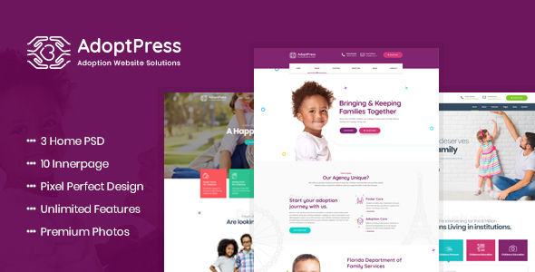 AdoptPress - Child & Pet Adoption Charity PSD Template product preview