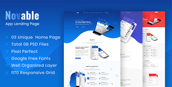 Novable - App Landing Page PSD Template