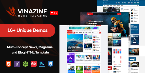 Vinazine - Multi-concept News, Magazine HTML Template product preview